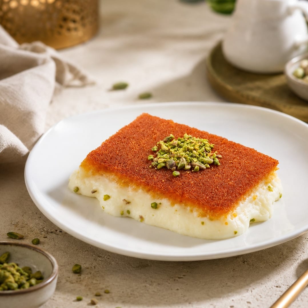 A square of orange kunafa over a thick layer of white ashta cream on a plate, topped with crushed pistachio.